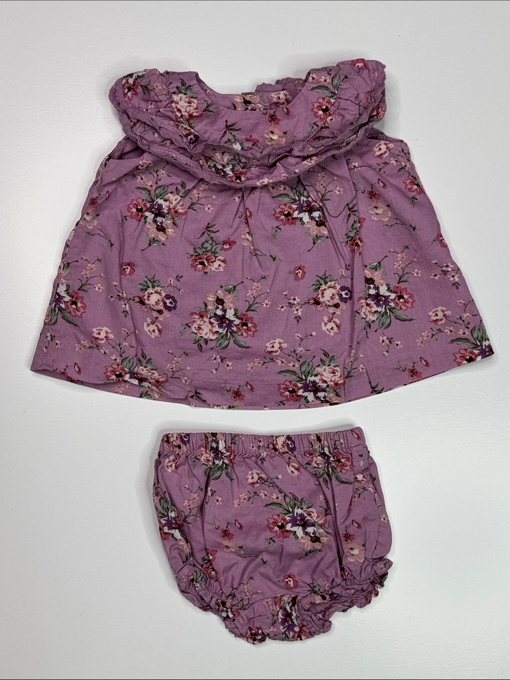 Jane And Jack Purple Floral Sleeveless Ruffle Neck Two-Piece Set 3-6 Months